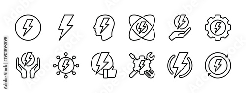 Set of linear icons representing electricity, energy, power, and ideas with lightning bolt symbols in various abstract and technological contexts isolated on white background.