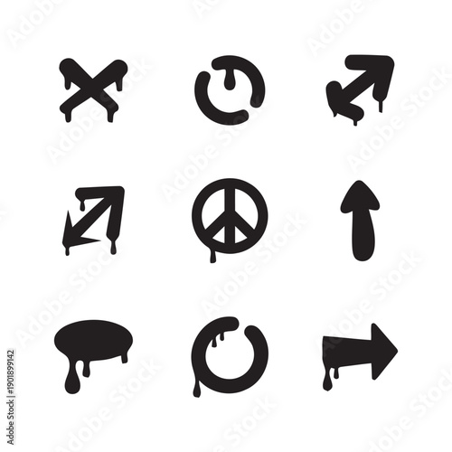 Set of nine graffiti style icons with dripping paint effect, including peace sign, arrows, power button, and cross, perfect for urban art and graphic design.