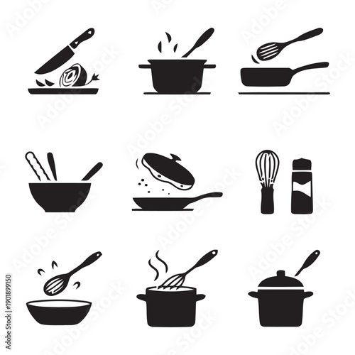 Set of nine kitchen and cooking icons, illustrating knife cutting, boiling pot, stirring pan, mixing bowl, frying pan, whisk and salt pepper shakers, stirring spoon, whisking pot, and cooking pot.