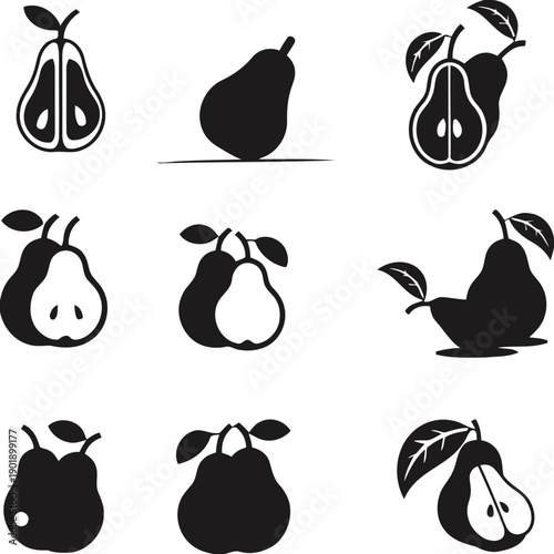 Set of nine pear icons in black and white featuring whole fruits cut halves and fruits with leaves representing varieties of this healthy produce arranged in three rows