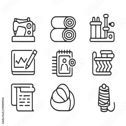 Set of sewing and tailoring icons, including sewing machine, fabric rolls, scissors, pattern and thread.