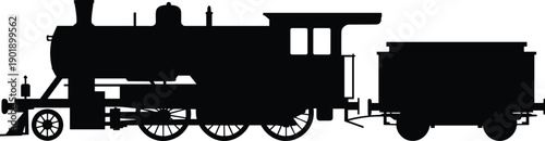 Steam locomotive silhouette with coal tender vintage railway train isolated black vector illustration