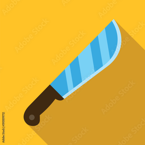 Machete with a brown handle and blue blade on a yellow background