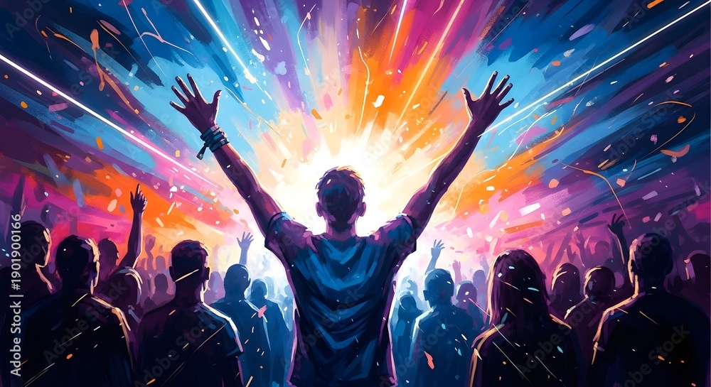 Obraz premium Vibrant holi celebration man with hands raised in joyful hindu festival of colors