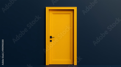 Yellow door blue wall modern interior minimal design closed door home entrance authentic connection contrast color geometric shape yellow door against dark blue wall modern interior minimal design