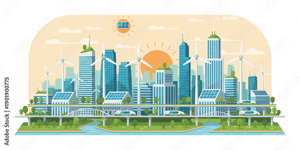 Fototapeta premium Sustainable cityscape with renewable energy sources and green infrastructure