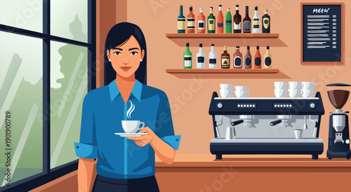Vector illustration of a female barista in a coffee shop holding a cup of coffee, with a coffee machine in the background