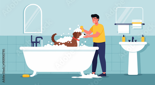 Man Washing a Dog in a Bathtub A Charming Vector Illustration of Pet Care Routine