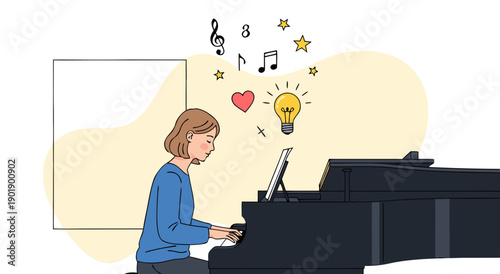 Creative Piano Melody Vector Illustration A Young Woman's Musical Journey of Inspiration and Learning