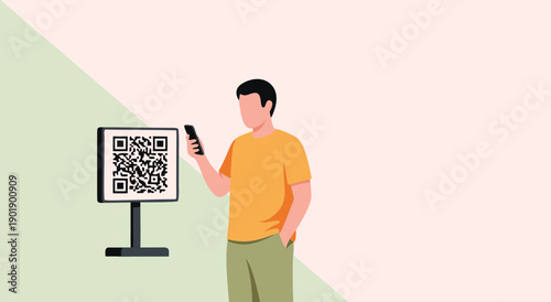 Man scanning QR code on display screen with smartphone, vector illustration