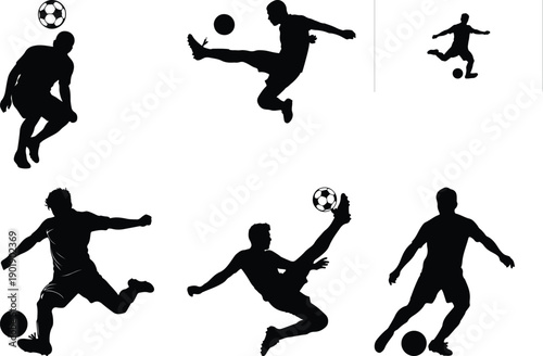 Soccer player silhouettes, dynamic poses and ball control
