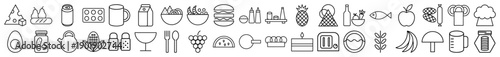 Gastronomy and grocery line icon set. Vector pictograms of cheese, burger, fruit, vegetables, beverage, sushi, fish, cookware, and tools, thin outline illustration.