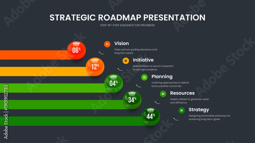 Professional Proposal Presentation Template Vector Illustration. Colorful Report 5 Element Chart Slideshow Design. Project Briefing Five Step Infographic Frame Layout.