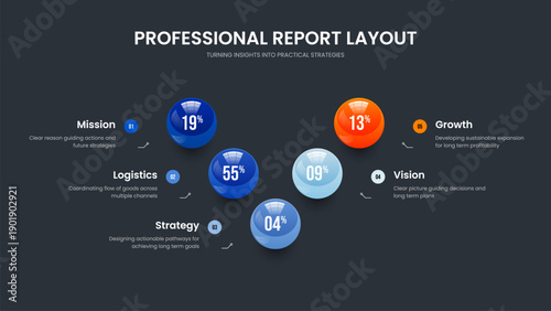 Professional Portfolio 5 Option Diagram Slideshow Layout. Enterprise Insight Slide Template Vector Illustration. Advertising Forecast Five Step Graph Frame Design.