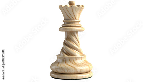 A detailed render of a carved, light-colored wooden chess queen on a black background