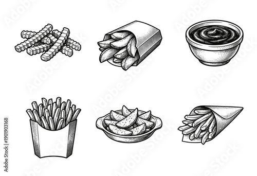 Set of hand drawn potato side dishes and french fries in various packaging and cuts featuring a vintage engraving line art style.