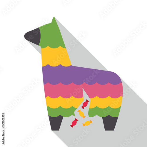 Colorful llama pinata breaking open, spilling candies for celebration