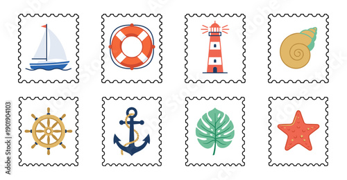 Minimalist Flat Nautical Icon Postage Stamp Collection for Summer Travel and Marine Scrapbooking Design