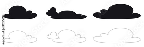 Silhouettes of clouds vector sets for architecture render background. Hand Drawn Cloud Shapes Collection with Fluffy Weather Sky Elements Outline Flat. Vector Illustration.