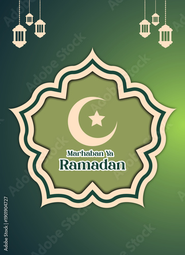 Ramadan greeting background featuring "Marhaban Ya Ramadhan". Islamic decoration background with lantern and crescent moon luxury style.