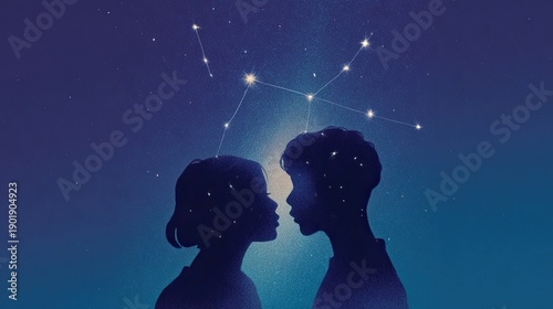 Wallpaper Mural Illustration of two silhouettes beneath starry sky connected by constellation lines representing fate destiny and emotional alignment through cosmic symbolism Torontodigital.ca