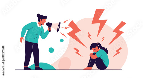 Aggressive person shouts angrily through a megaphone at a cowering, stressed individual, surrounded by lightning bolts, symbolizing verbal abuse and conflict.