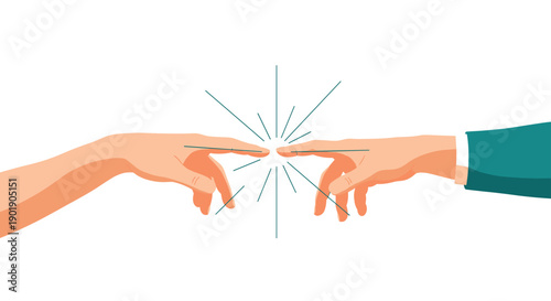 Two index fingers almost touch, recreating a classic art pose with radiating lines, symbolizing human connection creation and inspiration.