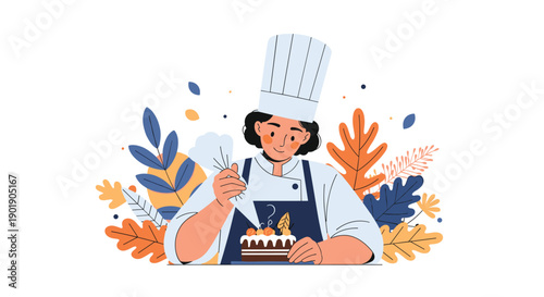 Skilled female chef carefully decorates a delicious cake with icing, surrounded by vibrant autumn leaves, highlighting culinary creativity.