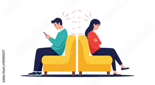 Distant man and woman sit back-to-back on separate chairs, ignoring each other, with the man absorbed in his phone, symbolizing relationship conflict and digital distraction.