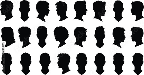 Construction worker silhouette set, land surveyor with tripod icons, male head profile collection, industrial maintenance staff, engineer and builder vector graphics, manual labor symbols.