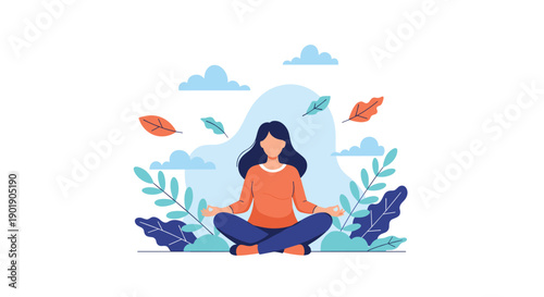 Calm woman meditates peacefully in a lotus position, surrounded by floating leaves and clouds, symbolizing mindfulness relaxation and inner peace.
