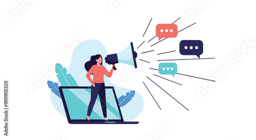 A woman stands on a laptop keyboard holding a megaphone to announce news illustrating digital marketing and online promotion.