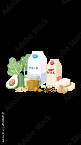 Plant-Based Vegan Food Group Animation With Milk Alternatives