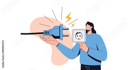 A woman holds an electrical plug and socket with lightning bolts symbolizing energy power connection or electrical safety.