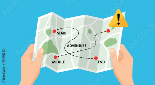 Hands hold a map with a marked adventure route and a warning sign symbolizing journey planning or unexpected challenges.