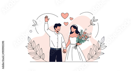 A happy bride and groom hold hands surrounded by hearts and flowers symbolizing love marriage and a new beginning.