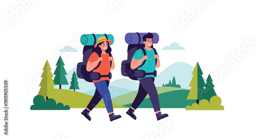A happy couple with large backpacks enjoys hiking through a scenic natural landscape with trees and mountains.