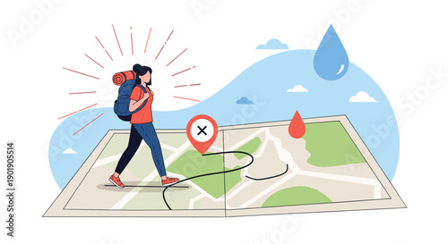 A woman with a backpack walks on a large map following a dotted path with a marked destination and weather icons.