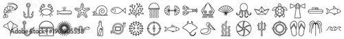 Nautical and marine life line icon set. Vector pictograms of starfish, lighthouse, anchor, turtle, crab, octopus, submarine, and coral, thin outline illustration.
