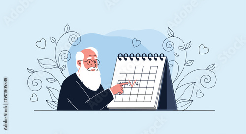 An older man with a beard points to an important date on a desk calendar surrounded by hearts representing planning or a special occasion.