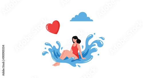 A woman in a swimsuit sits in a water splash with a heart and cloud symbolizing summer relaxation and love.