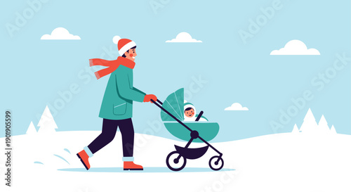 A parent pushes a baby in a stroller through a snowy wintry landscape symbolizing parenting and outdoor activity.