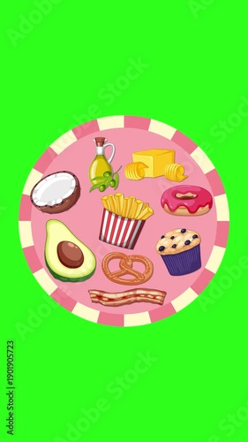 Assorted Fat-Rich Foods Rotating on Vibrant Green Background