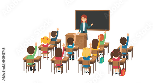 Lively diverse classroom scene with eager elementary students actively raising hands to a smiling female teacher,
