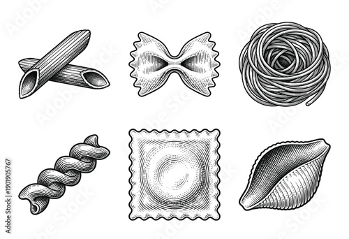 Collection of six classic Italian pasta shapes illustrated in a vintage monochrome woodcut engraving style