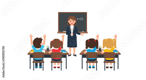 Engaged classroom of enthusiastic elementary students attentively raising their hands to a friendly female teacher,