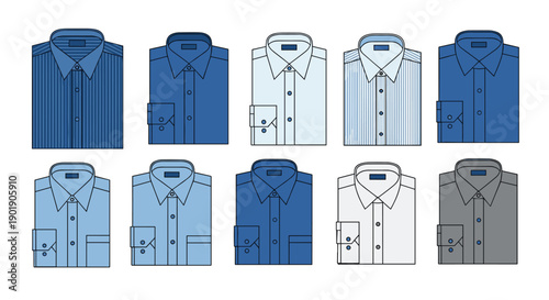 Comprehensive collection of ten neatly folded men's dress shirts in various shades of blue and crisp white, featuring