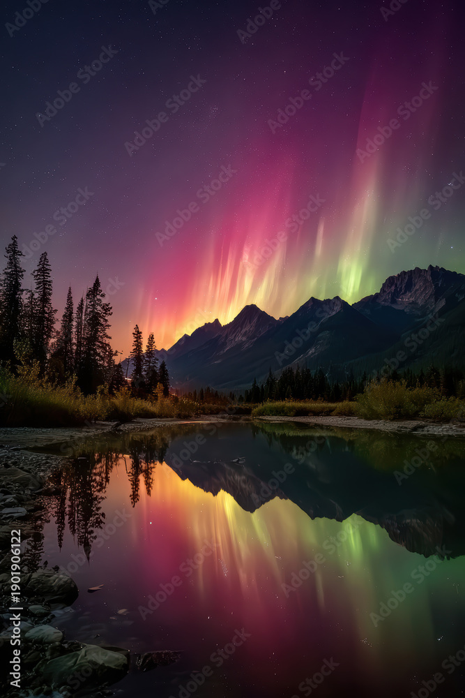 Fototapeta premium Colorful Northern Lights Over Lake at Night – AI Generative