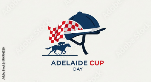 Horse racing event logo with jockey and checkered flag on hat