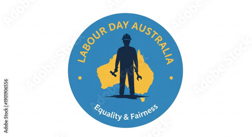 Labour day australia logo with worker silhouette and australian map on blue background